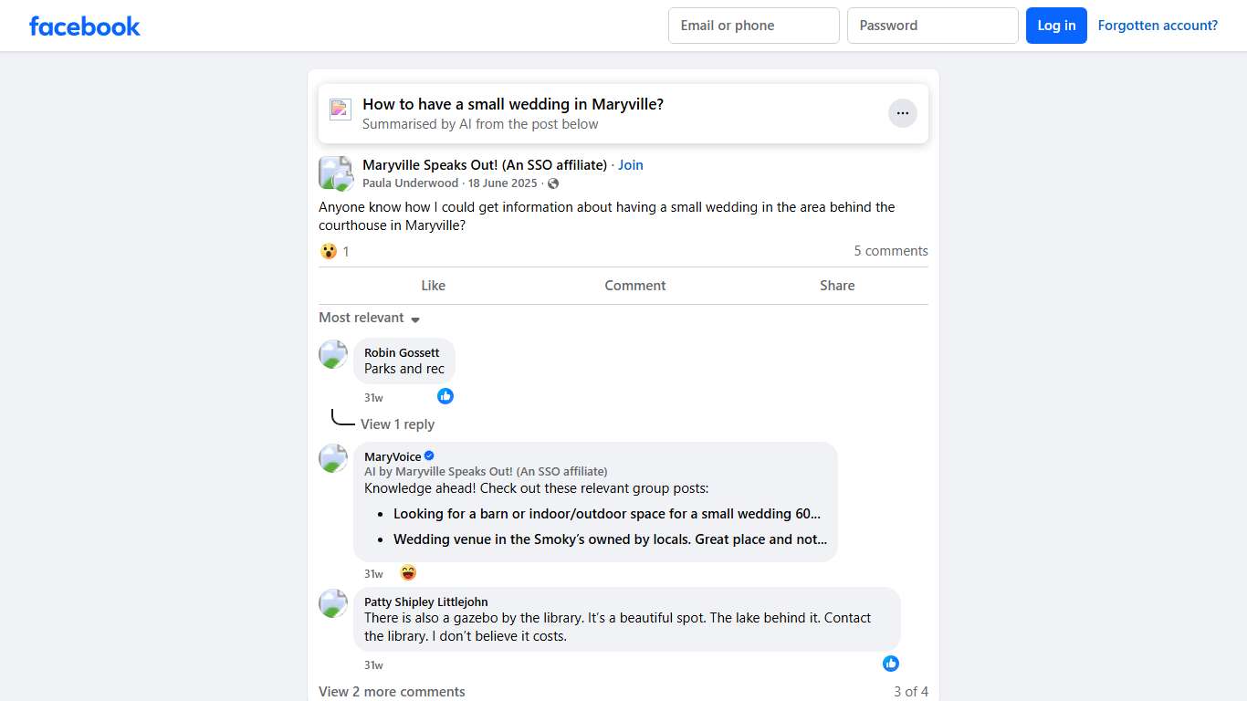 Maryville Speaks Out! (An SSO affiliate) Anyone know how I could get information about having a small wedding in the area behind the courthouse in Maryville Facebook