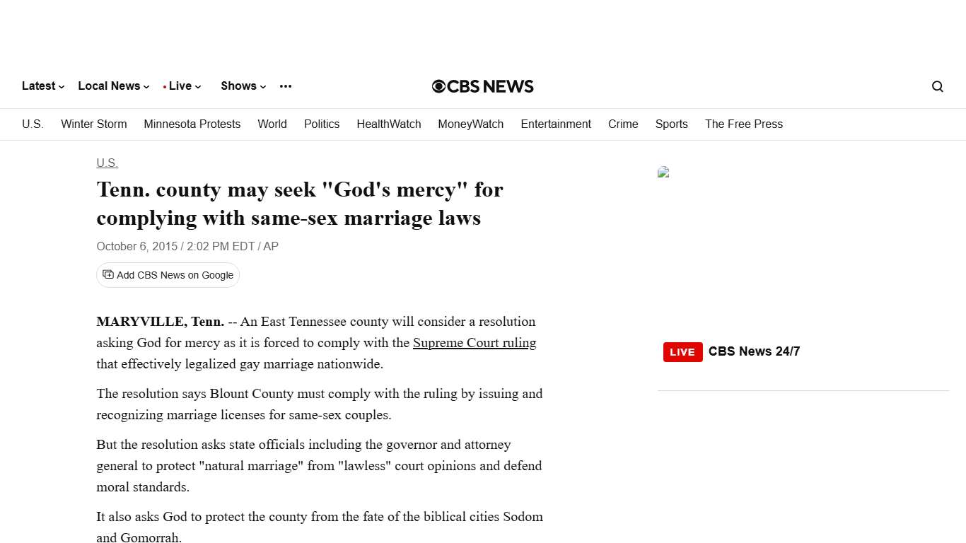 "God's mercy" resolution for gay marriage licenses proposed by Tennessee county - CBS News